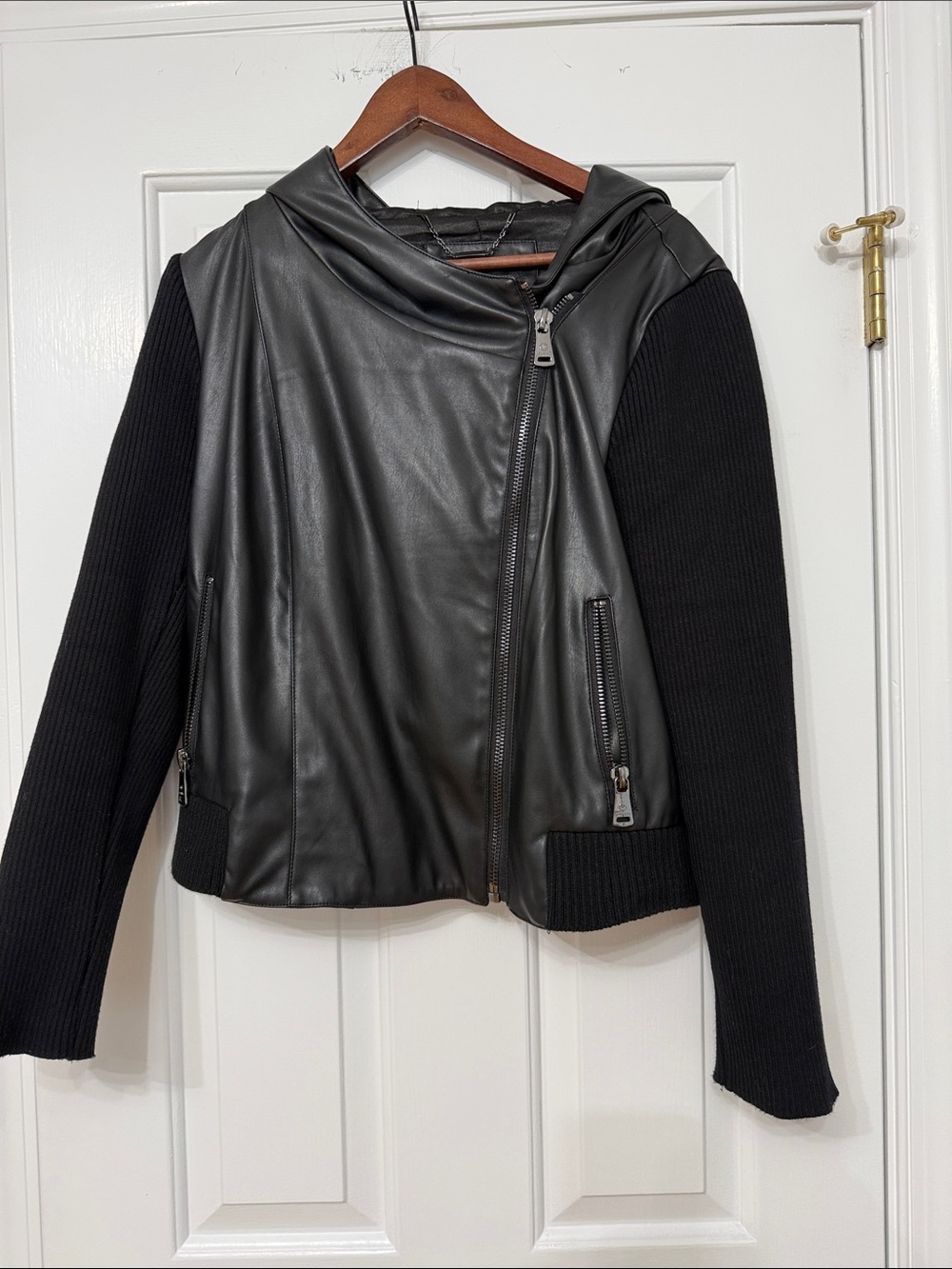 Bernardo Black Faux Leather Hooded Jacket with Knit Sleeves